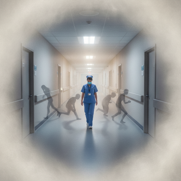 Een man in verpleegkundigenuniform staat alleen in een klinische, lege gang. Om hem heen is een visuele waas of laag watten, waardoor de omgeving wazig is. Kleurloze schaduwen of silhouetten van emoties (zoals vreugde, verdriet) bewegen langs hem, maar raken hem niet, wat zijn gevoel van emotionele vervreemding en leegte symboliseert.