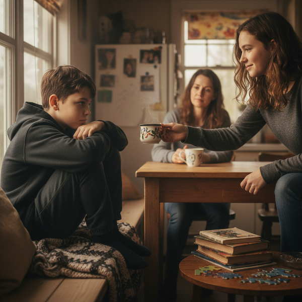 Een illustratie van een jonge vrouw die haar broertje op zijn kamer uitnodigt voor een laagdrempelige activiteit, terwijl ze ook een steunende hand op de schouder van haar moeder legt. De sfeer is warm maar ingetogen, met een gevoel van hoop en verbinding.
