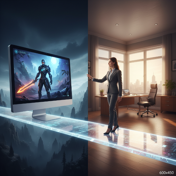 Een illustratie van een vrouw die de kracht van haar game-identiteit verbindt met haar echte onderneming, op een splitsing tussen twee werelden.