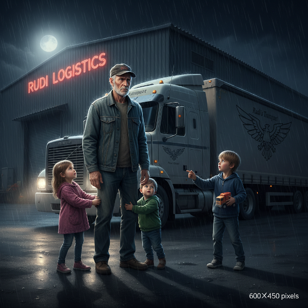 Een oudere man worstelt met de balans tussen zorgen voor zijn kleinkinderen en het runnen van zijn transportbedrijf, uitgeput en overweldigd.