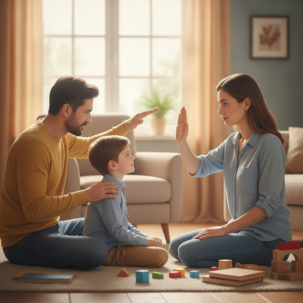 Een serene vaderfiguur met een kind in een warme huiskamer, met een kalme maar duidelijke houding die respect en eigenwaarde uitstraalt.