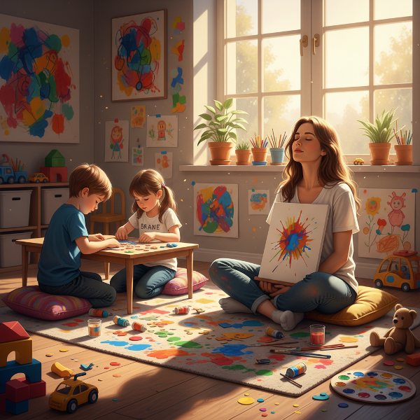 Een kunstenaar in een creatieve crisis vindt rust en verbinding met haar autistische kinderen in een huiselijke, kleurrijke omgeving.