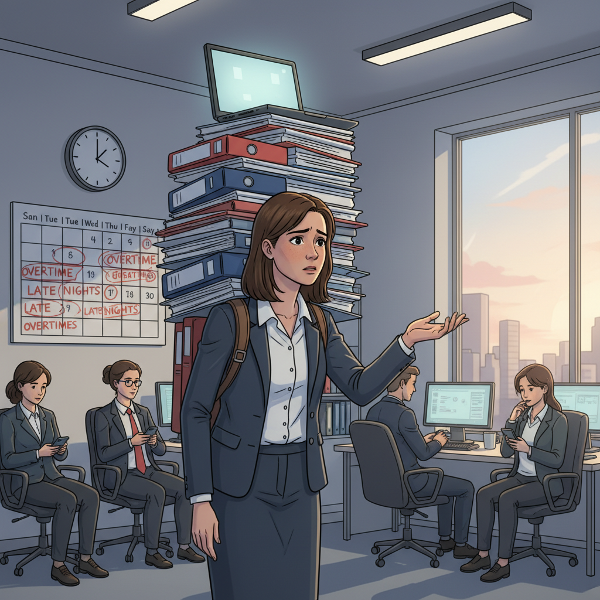 Een illustratie van een projectmanager die de verantwoordelijkheid voor haar hele team op zich neemt, wat leidt tot overbelasting en spanning, terwijl het team op de achtergrond staat.