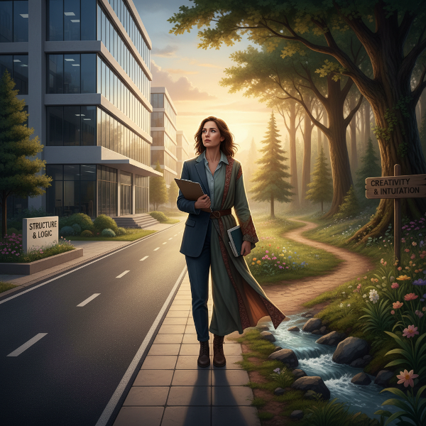 Illustratie van een zorgprofessional op een kruispunt tussen een gestructureerde carrièrepad en een creatief, natuurlijk pad, wat innerlijke conflict en keuzemogelijkheden symboliseert.