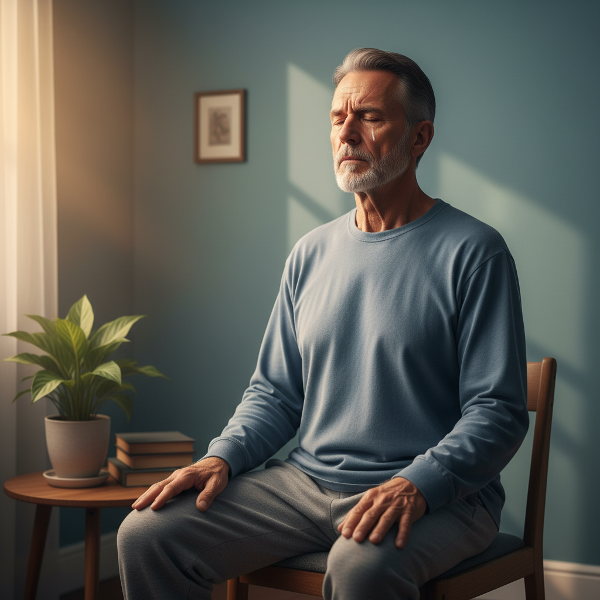 Een voormalig brandweerman oefent ademhalingstechnieken in een rustige ruimte, symbool voor het doorbreken van emotionele blokkades na trauma.