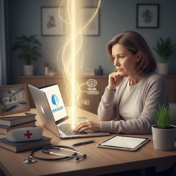 Een illustratie van een vrouwelijke ex-verpleegkundige in transitie naar online ondernemer, worstelend met zelfvertrouwen maar omringd door symbolen van groei en haar verleden in de zorg.