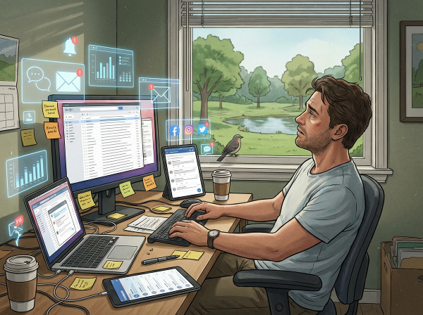 Illustratie van een thuiswerkende man die overweldigd wordt door stress en prikkels, op zoek naar innerlijke rust en balans.