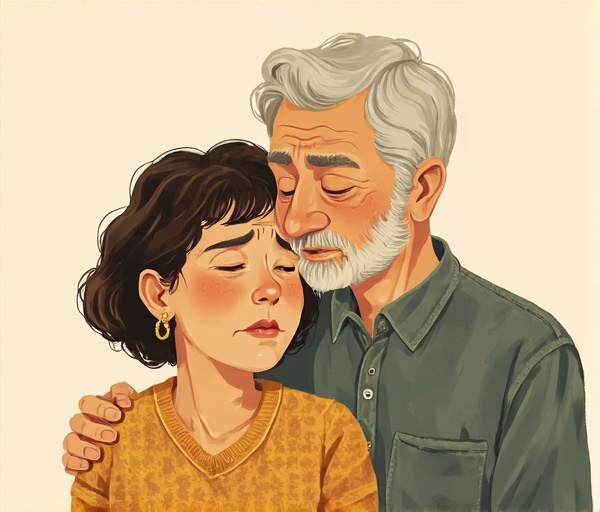 Een gevoelige tekening van een volwassen stel op de bank; de vrouw legt haar hand op haar borst met een angstige blik, terwijl haar partner haar geruststellend aankijkt.