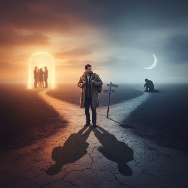 Een man staat op een kruispunt, symbool voor de innerlijke strijd tussen verlangen naar verbinding en angst voor intimiteit.