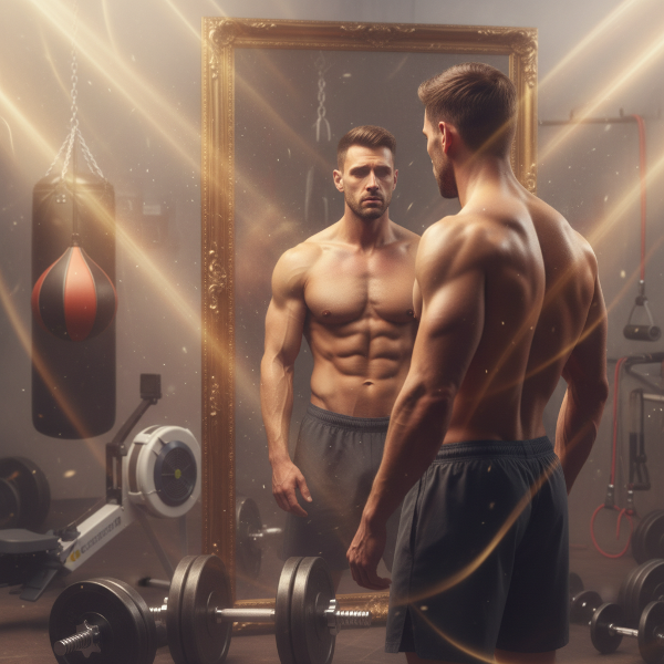Een man staat voor een spiegel in een sportzaal, zijn reflectie toont innerlijke leegte terwijl strikte discipline langzaam overgaat in zelfacceptatie en warm licht.
