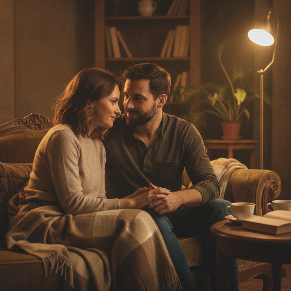 Een stel in een warme woonkamer, zittend op een bank, praten rustig en houden elkaars hand vast, met een serene en open uitdrukking, wat emotionele verbondenheid en kwetsbaarheid symboliseert.