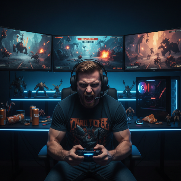 Een man ziet er gespannen en boos uit achter een computerscherm met een gaming-headset op, terwijl virtuele game-elementen en emotionele spanning zichtbaar zijn.