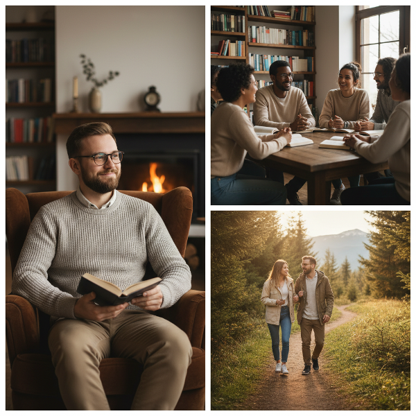 Een rustige scène waarin een introverte man sociale contacten opbouwt via een gedeelde activiteit, omringd door een vriendelijke sfeer die zijn groei in communicatie symboliseert.