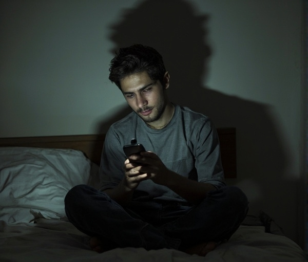 Een 21-jarige man zit alleen op de rand van zijn bed in een schemerige kamer, zijn telefoon met perfecte sociale media-levens naast zich. Zijn houding is moedeloos, maar er is een klein lichtpunt: een dagboek en een wandelschoen naast hem, symbolen van hoop en zelfzorg.