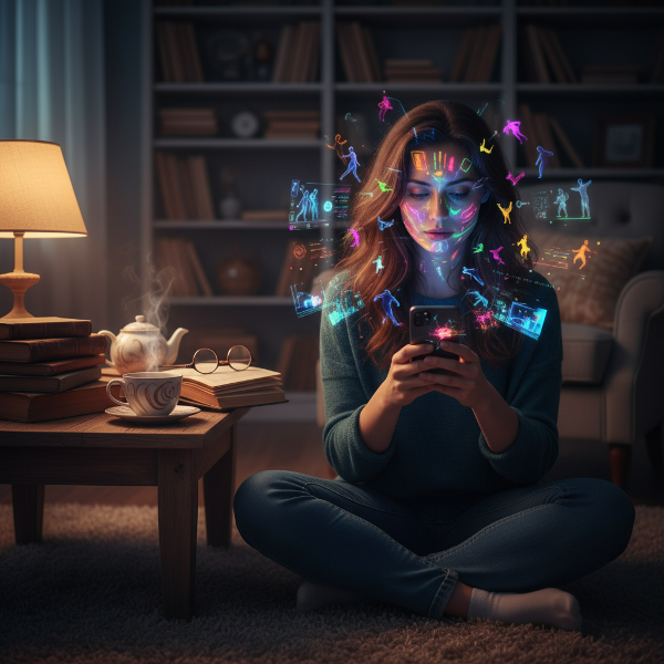 Een illustratie van een vrouw die 's nachts vastzit in een eindeloze stroom van TikTok-video's, met een contrast tussen de digitale chaos en een kalme, echte wereld.