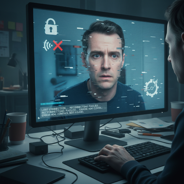 Een zorgvuldige man ervaart verlammende angst tijdens een videoverleg, gefocust op zijn eigen beeld en gevangen door technische storingen.