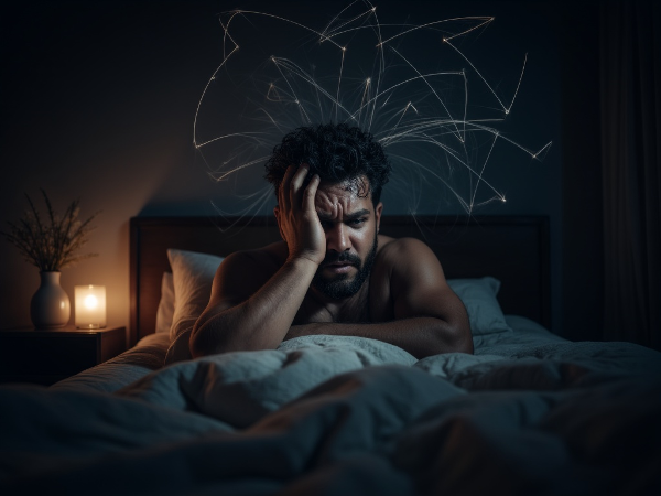 Een man ervaart beklemming en paniek in een schemerige slaapkamer, omringd door abstracte lijnen die prestatiedruk en angst symboliseren.