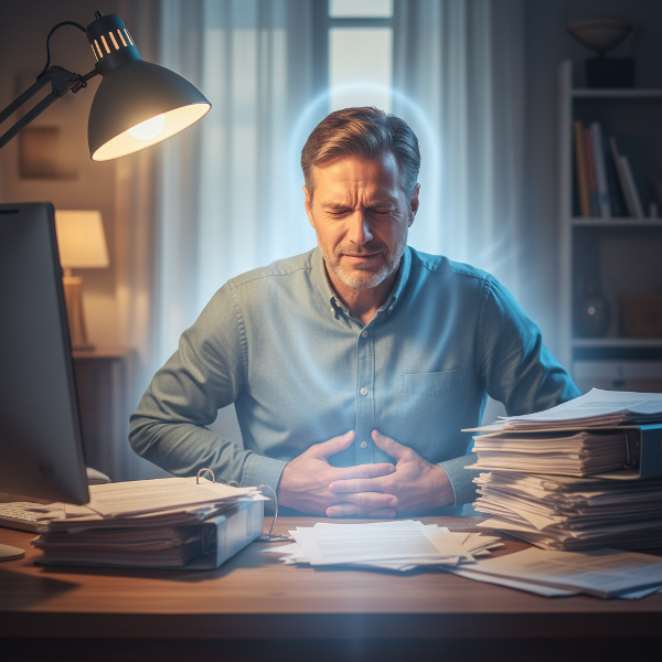 Een man ervaart lichamelijke stress door werkdruk, terwijl een licht van inzicht en ontspanning nadert.