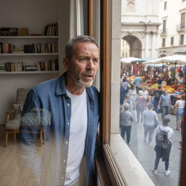 Een man die gevangen zit door zijn angst voor drukke plekken, terwijl hij verlangt naar de vrijheid buiten.