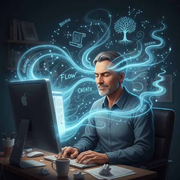 Een illustratie van een man die worstelt met een psychosomatische schrijversblokkade, waarbij fysieke spanning en mentale bevrijding samenkomen.