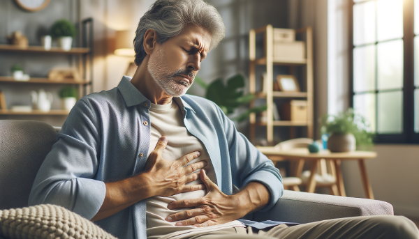 Een man van middelbare leeftijd die thuis ontspanningsoefeningen doet om psychosomatische klachten door werkstress te verminderen.