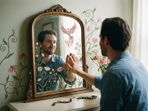 Een man ziet zijn reflectie in een spiegel, omringd door symbolen van persoonlijke groei en het stellen van grenzen, in een warme, hoopvolle sfeer.