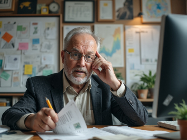 Een man worstelt met besluiteloosheid aan een rommelig bureau, omringd door papieren en schermen, terwijl een pad van heldere stappen een uitweg uit de chaos suggereert.