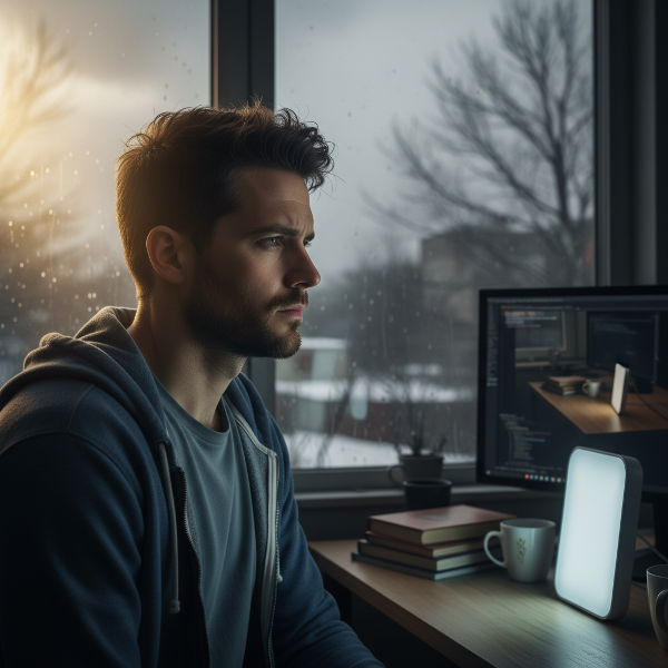 Een sombere man in een kantoor kijkt naar buiten in de winter, met symbolen van lichttherapie en een terugkerend seizoenspatroon.
