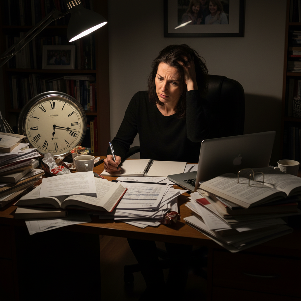 Een vrouwelijke projectmanager van middelbare leeftijd zit aan een bureau, kijkt afwezig met een mix van onrust en introspectie, terwijl documenten en een klok haar worsteling met focus en uitstelgedrag weergeven.