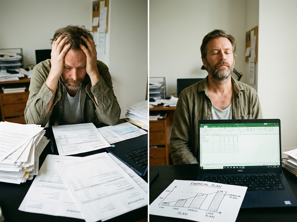 Een man die op kantoor overweldigd is door werkdruk en financiële stress, maar kleine stappen zet naar herstel.