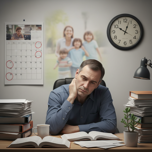 Illustratie van een 51-jarige man die overweldigd wordt door werkstress, met visuele elementen die duiden op tijdsdruk, lichamelijke spanning en het conflict tussen werk en gezin.