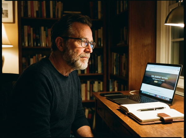 Een man van middelbare leeftijd die 's nachts rusteloos nadenkt over zijn nieuwe carrière als online psycholoog, omringd door symbolen van zelfreflectie en zingeving.