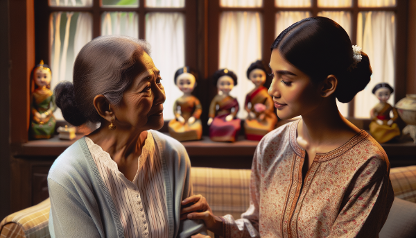 Een zorgzame moeder en haar volwassen dochter in een kamer met antieke poppen, in een begripvol gesprek.