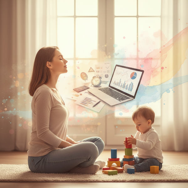 Een afbeelding die een moeder toont die mindfulness beoefent in een drukke thuissituatie, met visuele elementen van stress die transformeren naar kalmte.