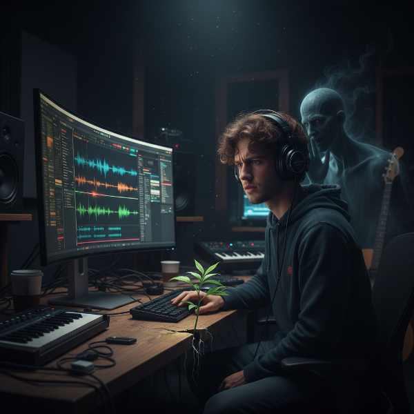 Een jonge producer in zijn studio, gehinderd door een innerlijke criticus, maar met een teken van hoop en groei.