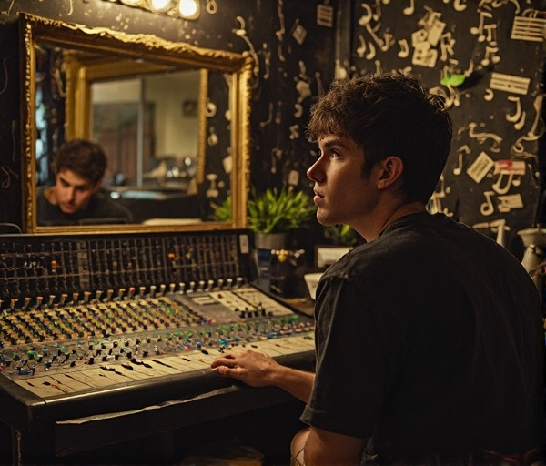 Een illustratie van een muziekproducer die worstelt met het impostorsyndroom, met symbolen van succes en zelfreflectie.