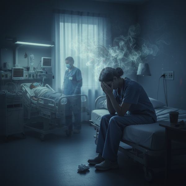 Een verpleegkundige zit alleen in een donkere kamer, omringd door schaduwen van een gezicht uit een nachtmerrie, terwijl ze haar partner mist.