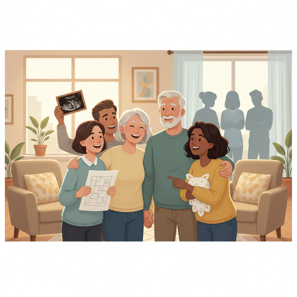 Een hoopvolle illustratie van een ouder koppel dat steun vindt bij elkaar en positieve mensen, terwijl ze de negatieve reacties van familie op afstand houden.