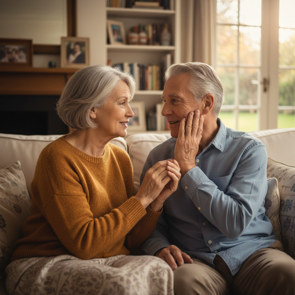 Een rustige illustratie van een oudere vrouw en haar partner die met zachtheid en aandacht een handmassage geven, symbool voor het herstel van lichamelijke verbinding zonder druk.