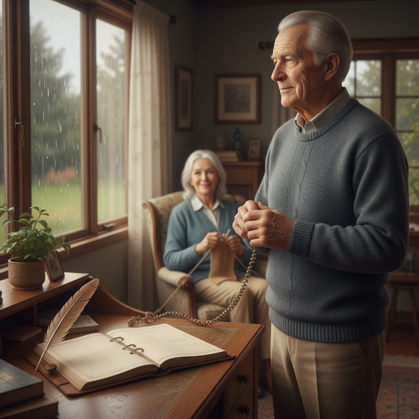 Een illustratie die de innerlijke reflectie en relationele spanning toont bij een oudere man die worstelt met identiteitsverandering na pensioen en seksuele intimiteit.