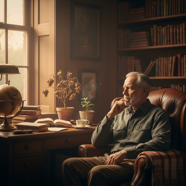 Een 62-jarige man in een studeerkamer denkt na over betekenis, omringd door boeken en symbolen van overgang en nieuwe groei.