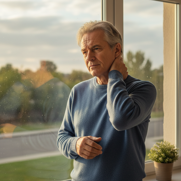 Een illustratie van een oudere man die de fysieke spanning van werkloosheid ervaart, met een focus op lichaamstaal en een gevoel van rustige reflectie.