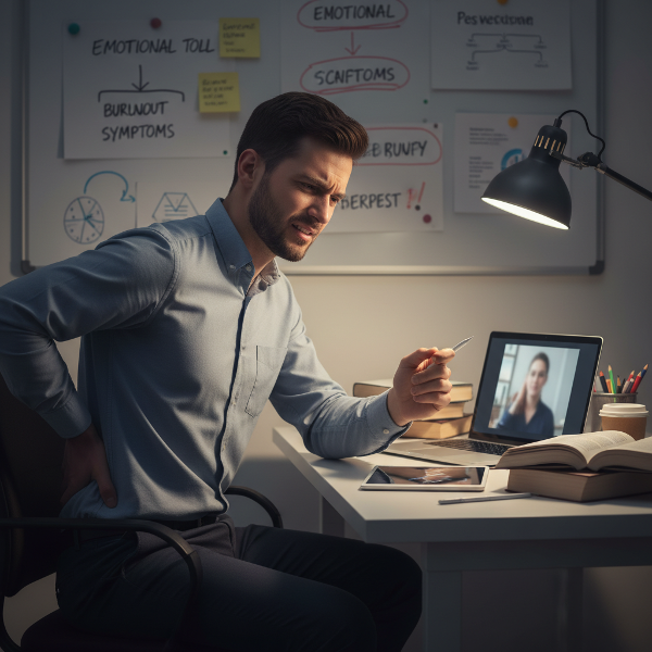 Een rustige man achter een laptop met een pijnlijke uitdrukking, een hand die licht trilt en de andere hand op zijn onderrug, omringd door zwevende gedachtebellen met vraagtekens en een gespannen sfeer.