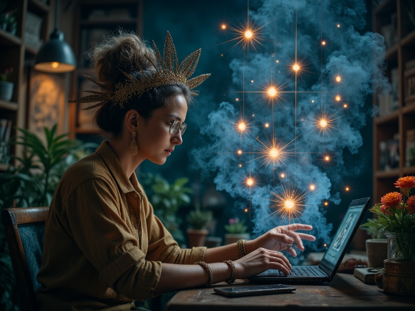 Een online psycholoog in een rustige setting, met visuele symbolen van relatiedynamiek en communicatie, die een cliënt ondersteunt via een digitaal scherm.