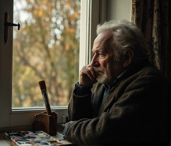 Een stille scène van een gepensioneerde man die naar buiten kijkt, omringd door symbolen van zijn oude en nieuwe leven.