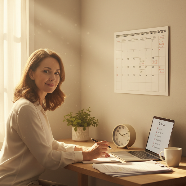 Een illustratie van een vrouw die uitstelgedrag aanpakt met zelfcompassie en kleine, haalbare stappen in een gestructureerde omgeving.