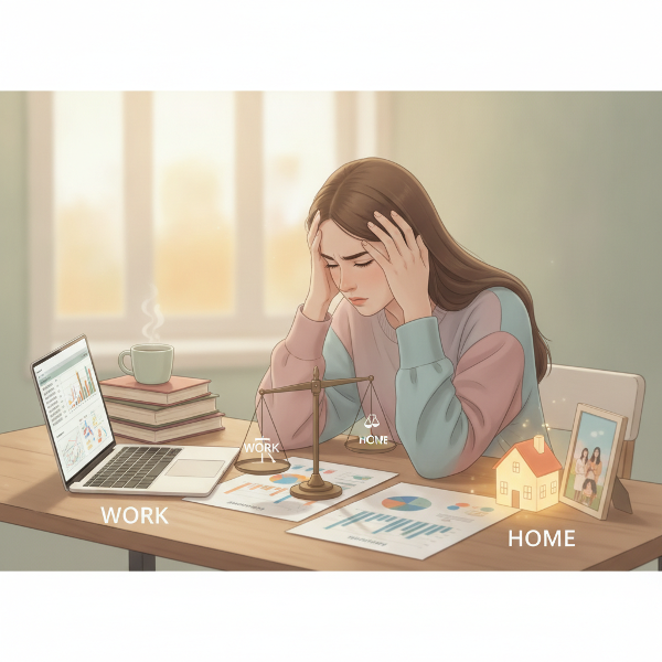 Een jonge vrouw zit vermoeid aan een bureau met papieren en laptop, terwijl ze haar gespannen schouders masseert. Op de achtergrond een rustige woonkamer met een partner die kookt. De sfeer is mild en hoopvol, met een lichte gloed die balans symboliseert.