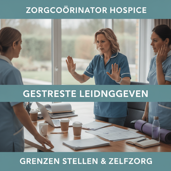 Een vrouwelijke zorgcoördinator staat aan een bureau met een stapel administratie, terwijl ze nadenkend naar buiten kijkt; op de achtergrond is een team zichtbaar.