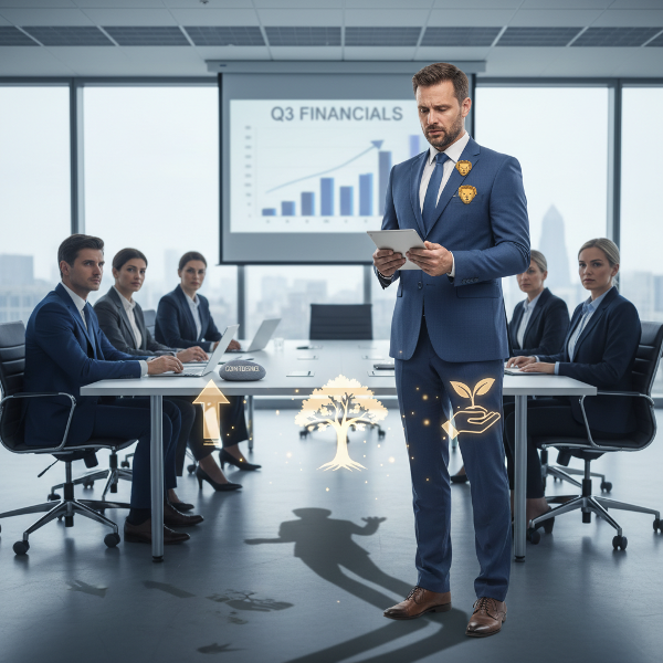 Een man in een professionele setting die overweldigd wordt door presentatieangst, omringd door abstracte visualisaties van zijn innerlijke strijd en potentiële groei.