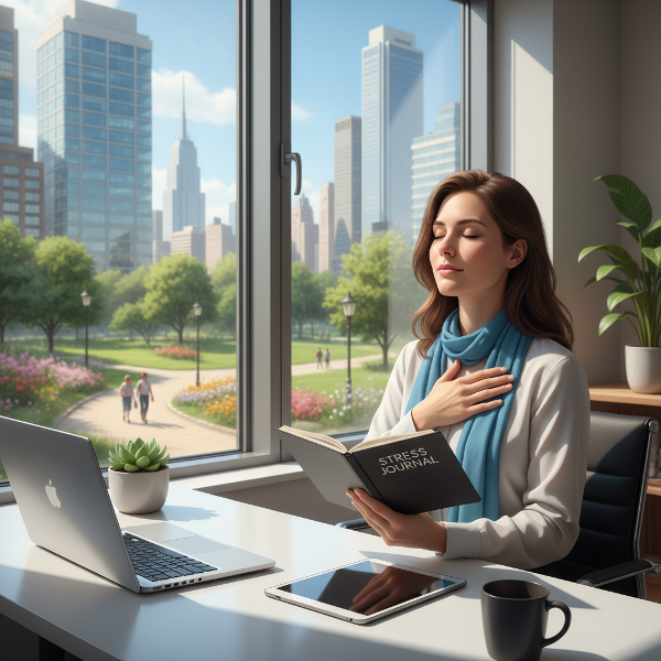 Een illustratie van een vrouw die op haar werk mindfulness beoefent om bedrijfsstress te managen en een betere balans te vinden.